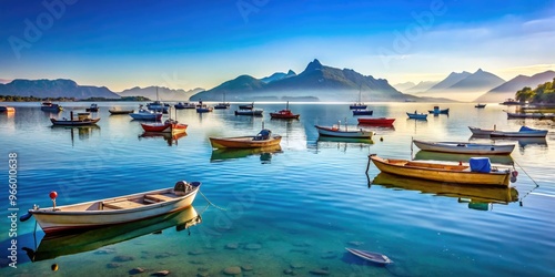 A Collection Of Boats Of Various Shapes And Sizes, Floating On A Calm Body Of Water, With A Clear Blue Sky And Distant Mountains. photo