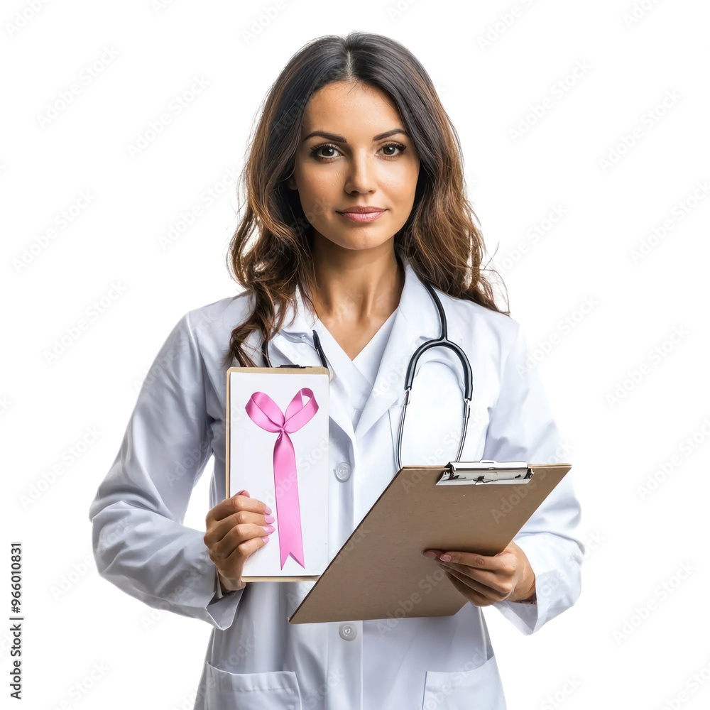 A woman wearing a white coat and holding a clipboard with a pink ribbon sticker isolated on transparency background A woman wearing a white coat and holding a clipboard with a pink ribbon sticker isolated on transparency background