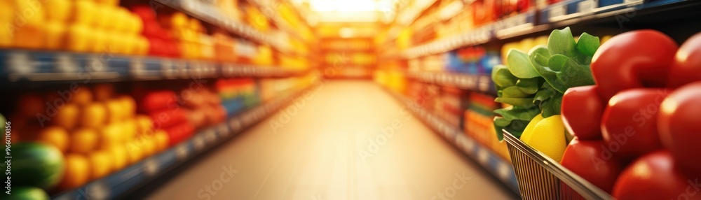 A vibrant grocery aisle filled with fresh produce, including colorful fruits and vegetables, creating an inviting shopping atmosphere. A vibrant grocery aisle filled with fresh produce, including colorful fruits and vegetables, creating an inviting shopping atmosphere.