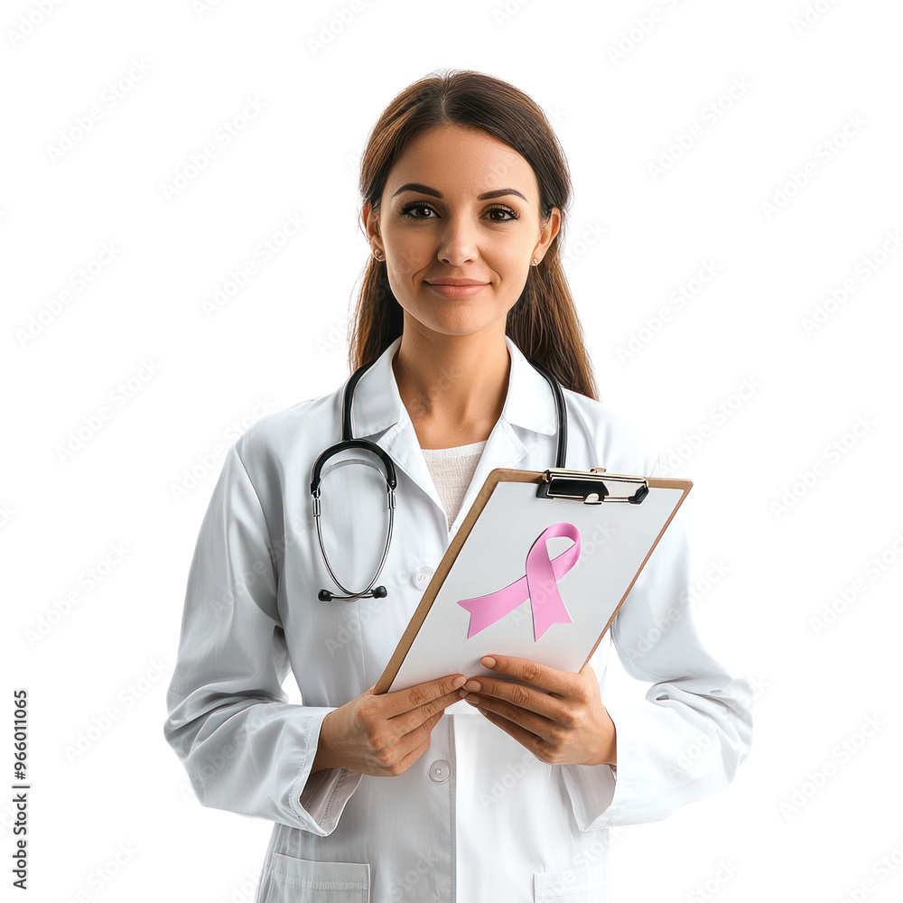 A woman wearing a white coat and holding a clipboard with a pink ribbon sticker isolated on transparency background A woman wearing a white coat and holding a clipboard with a pink ribbon sticker isolated on transparency background