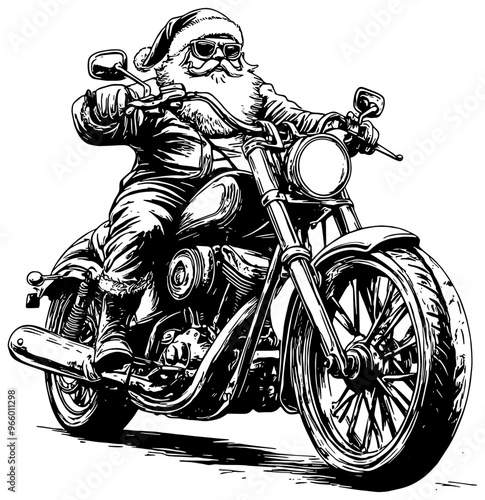 Santa Claus riding a motorcycle illustration in black, isolated 