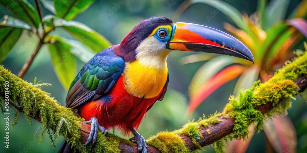 Obraz premium A Colorful Cartoonish Bird With A Large Curved Beak And Bright Feathers Is Perched On A Tree Branch.