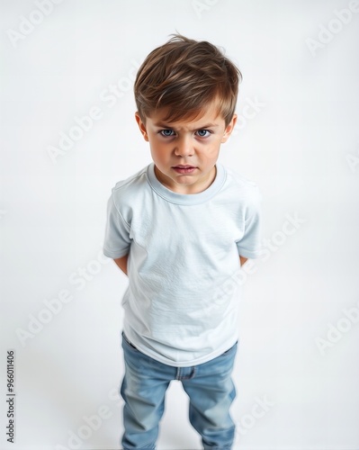  boy in a white shirt and blue jeans standing with his hands in his pockets.