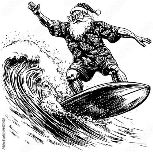 Illustration in black of a surfing Santa Claus wearing a Hawaiian print shirt, isolated 