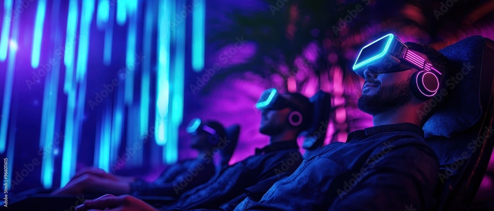 Obraz premium Three individuals experience virtual reality in a colorful, immersive setting, showcasing modern technology and entertainment.