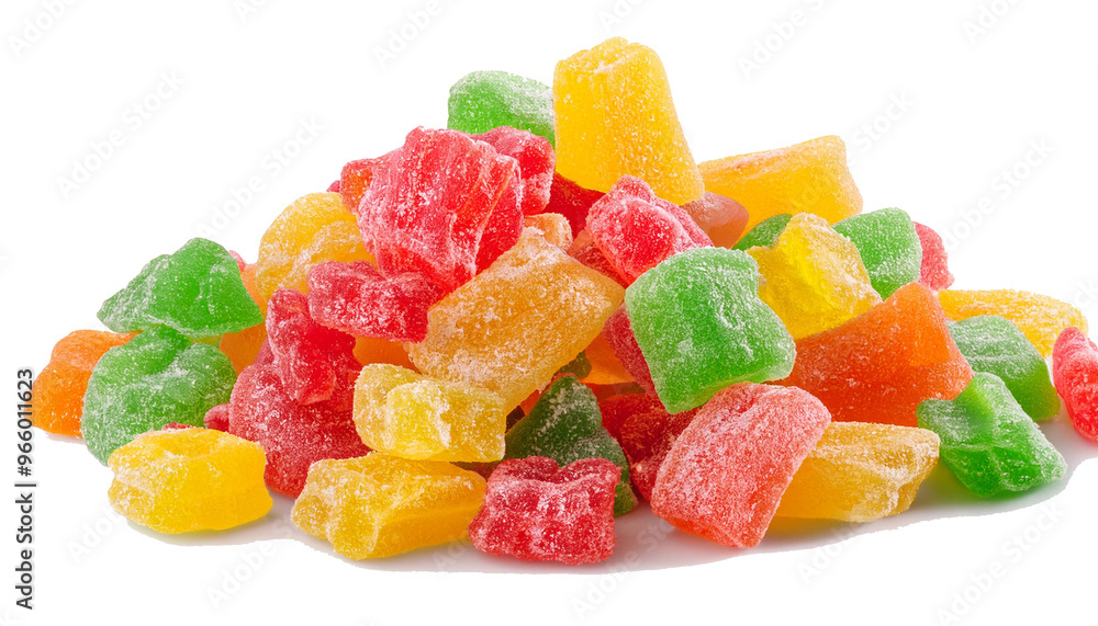 Falling candied fruit, multicolored pineapple, isolated on white background, full depth of field
Falling candied fruit, multicolored pineapple, isolated on white background, full depth of field