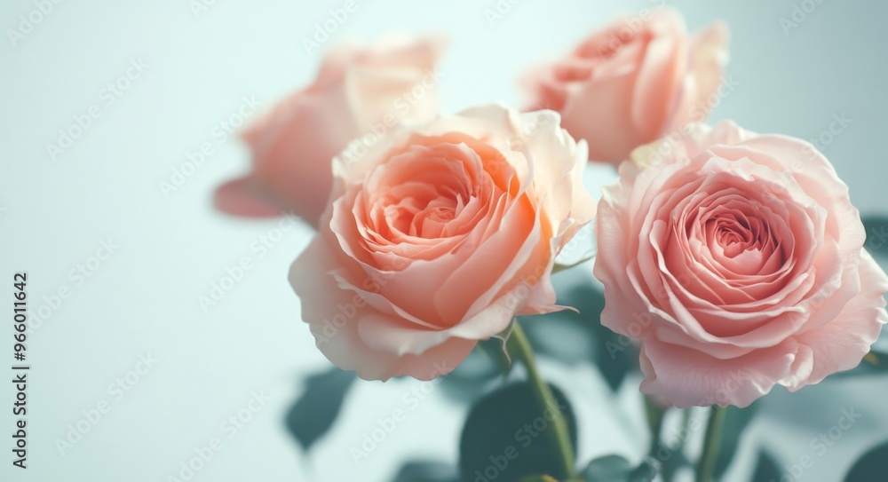 Delicate pink roses arranged elegantly with green leaves in soft natural light Delicate pink roses arranged elegantly with green leaves in soft natural light