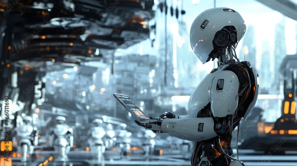 A humanoid robot with a sleek white exterior, holds a digital tablet in a futuristic, industrial setting. A humanoid robot with a sleek white exterior, holds a digital tablet in a futuristic, industrial setting.