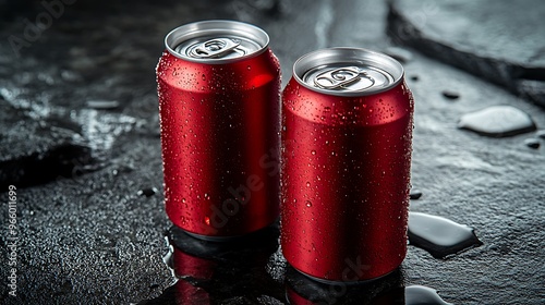 Refreshing Conflict - Two Stylish Gunmetal and Crimson Soda Cans with Condensation on Polished Stone Surface photo