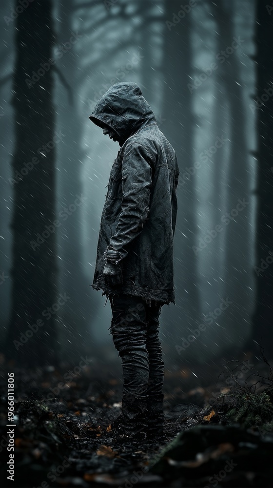 Man in Rain soaked Forest with Dark Atmosphere Man in Rain soaked Forest with Dark Atmosphere