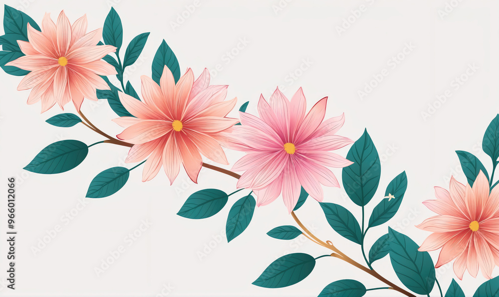 Obraz premium Pink flowers bloom on a branch with green leaves against a white background