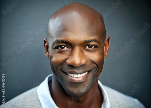 A confident black bald man in his 40s with a strong jawline and piercing brown eyes looks directly at the camera with a subtle smile.