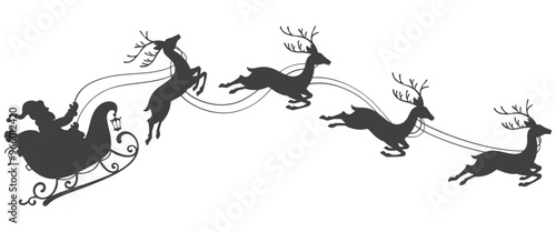Silhouette of santa claus, Santa Claus is flying in sleigh with Christmas reindeer. Silhouette of Santa Claus, sleigh with Christmas presents and reindeer