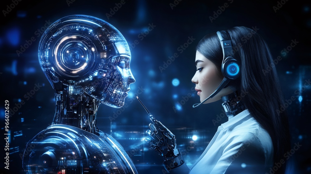 A humanoid robot with glowing blue eyes and a female robot wearing a headset in a futuristic setting. A humanoid robot with glowing blue eyes and a female robot wearing a headset in a futuristic setting.