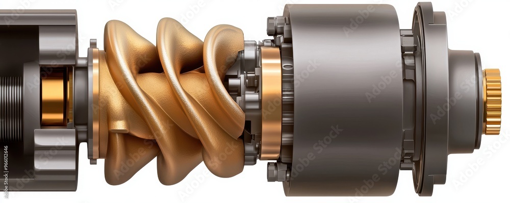 Close-up of a metallic screw compressor showcasing intricate engineering and design, highlighting its spiral element and connections. Close-up of a metallic screw compressor showcasing intricate engineering and design, highlighting its spiral element and connections.