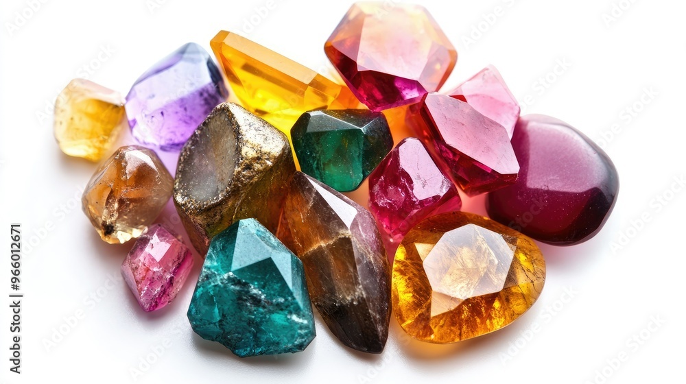 A mix of vibrant gems, cut and polished, isolated on a white background, showing their brilliance. A mix of vibrant gems, cut and polished, isolated on a white background, showing their brilliance.