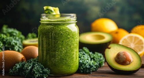 Fresh green smoothie surrounded by vibrant fruits and vegetables on a wooden ...