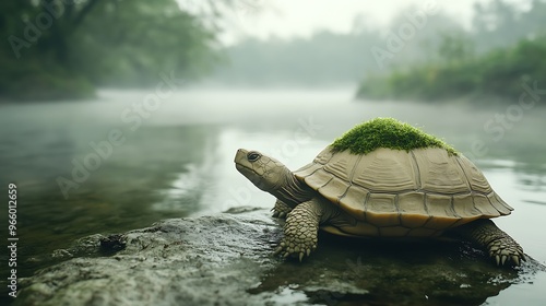 Tranquil Turtle Sculpture with Moss Patch by Misty Riverside - Cinematic Minimalist Clay Art Decoration