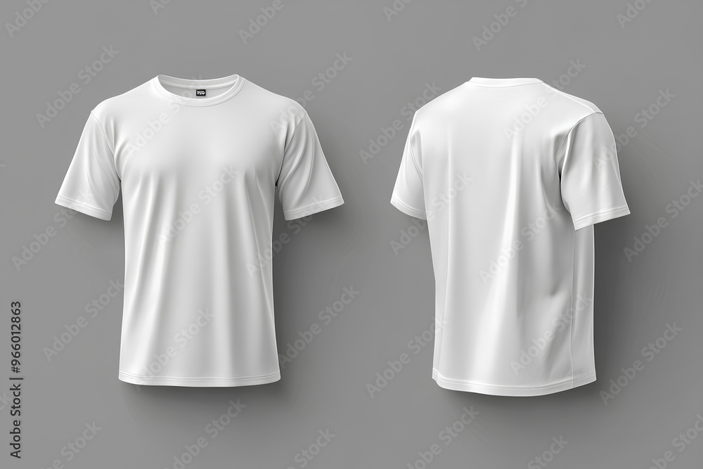Naklejka premium A plain white t-shirt displayed from front and back views on a gray background.
