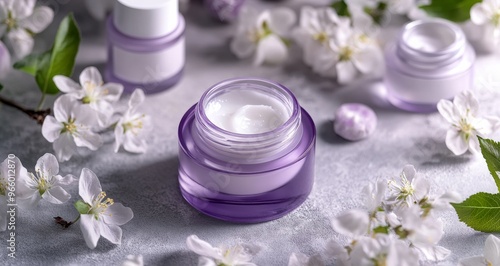 Four skincare jars surrounded by fresh flowers on a textured surface in natur...