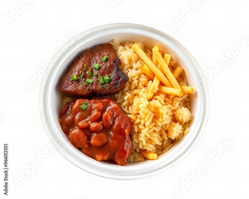 there is a bowl of food with rice, beans, and meat.