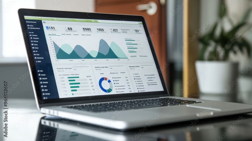 Modern laptop displaying colorful website traffic and SEO charts, Modern laptop displaying colorful website traffic and SEO charts,