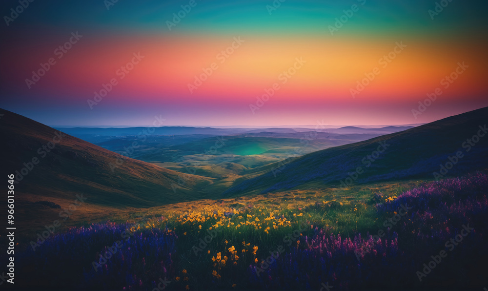 Fototapeta premium A colorful sunrise over the mountains, casting a soft glow on the wildflowers below