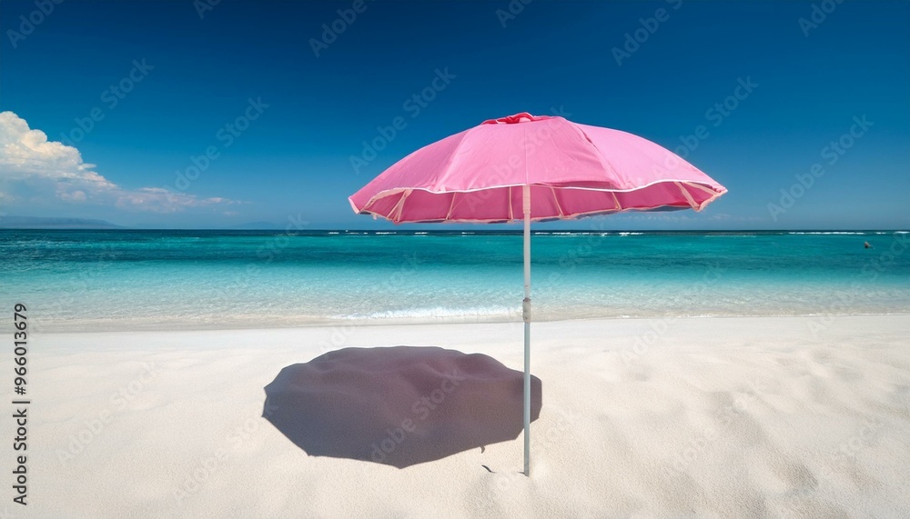 Pink beach umbrella on a white sandy beach Pink beach umbrella on a white sandy beach