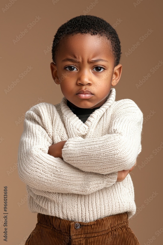 Black young boy standing over neutral beige background with crossed arms exuding strength and confidence Black young boy standing over neutral beige background with crossed arms exuding strength and confidence