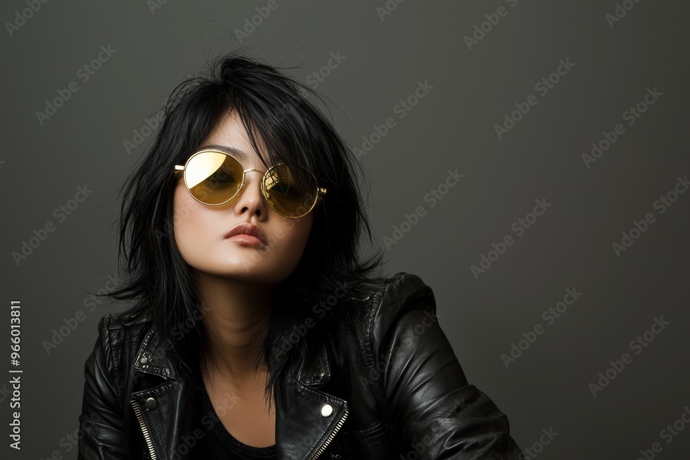 Dark background, sunglasses, blazer, and black haired woman posing confidently Dark background, sunglasses, blazer, and black haired woman posing confidently