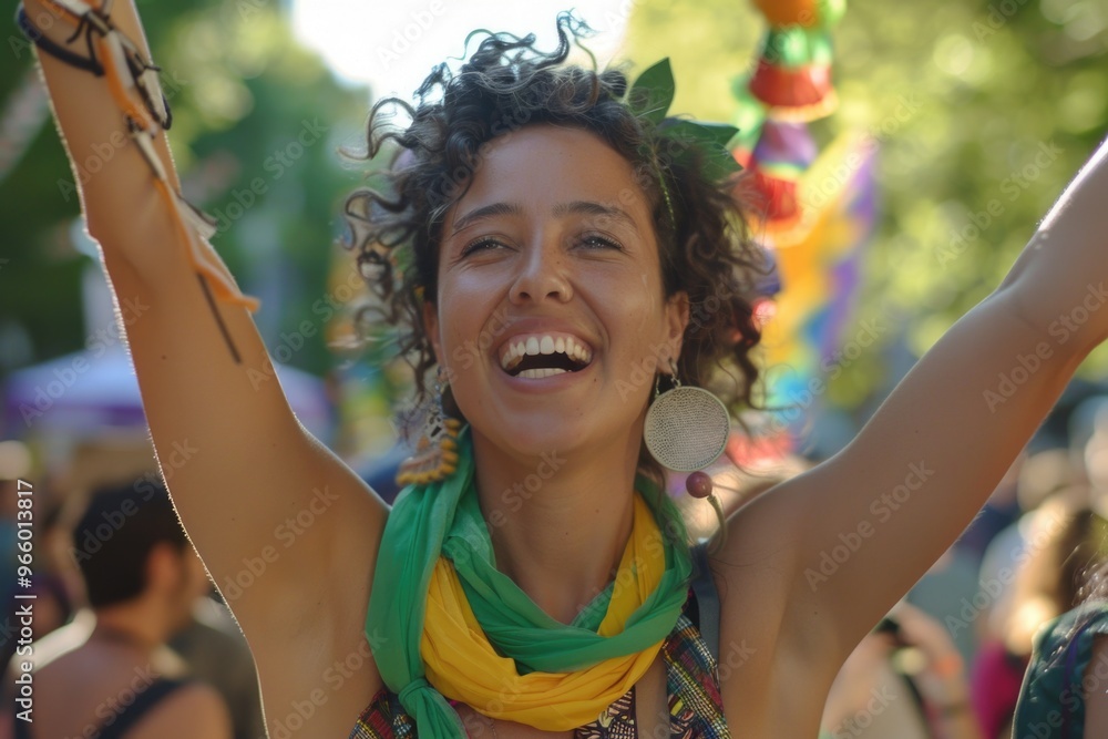 A young woman with curly hair and a green and yellow scarf dances with her arms raised, radiating pure joy at a summer festival A young woman with curly hair and a green and yellow scarf dances with her arms raised, radiating pure joy at a summer festival