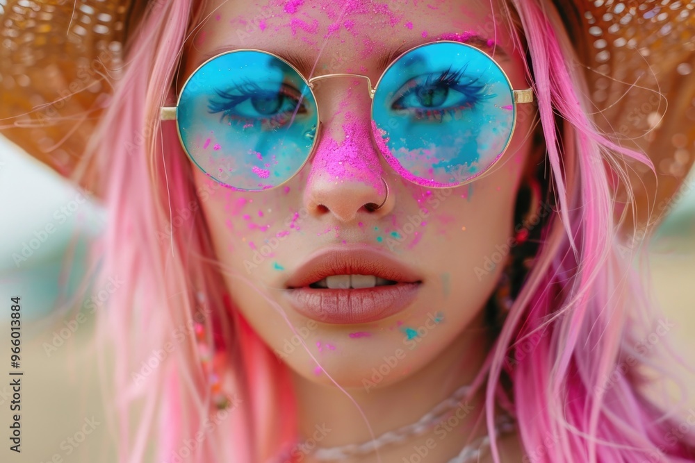 A close-up portrait of a woman with bright pink hair and blue round sunglasses, her face dusted with colorful powder A close-up portrait of a woman with bright pink hair and blue round sunglasses, her face dusted with colorful powder