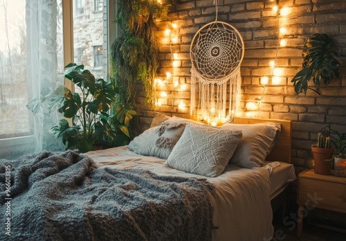 Cozy bedroom adorned with string lights and plants in a serene urban setting