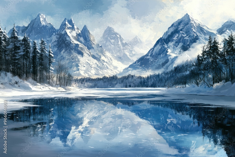 Fototapeta premium Snow-Covered Mountains Reflected in a Frozen Lake