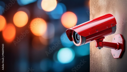 Red security camera mounted on a wall with blurred lights in the background photo