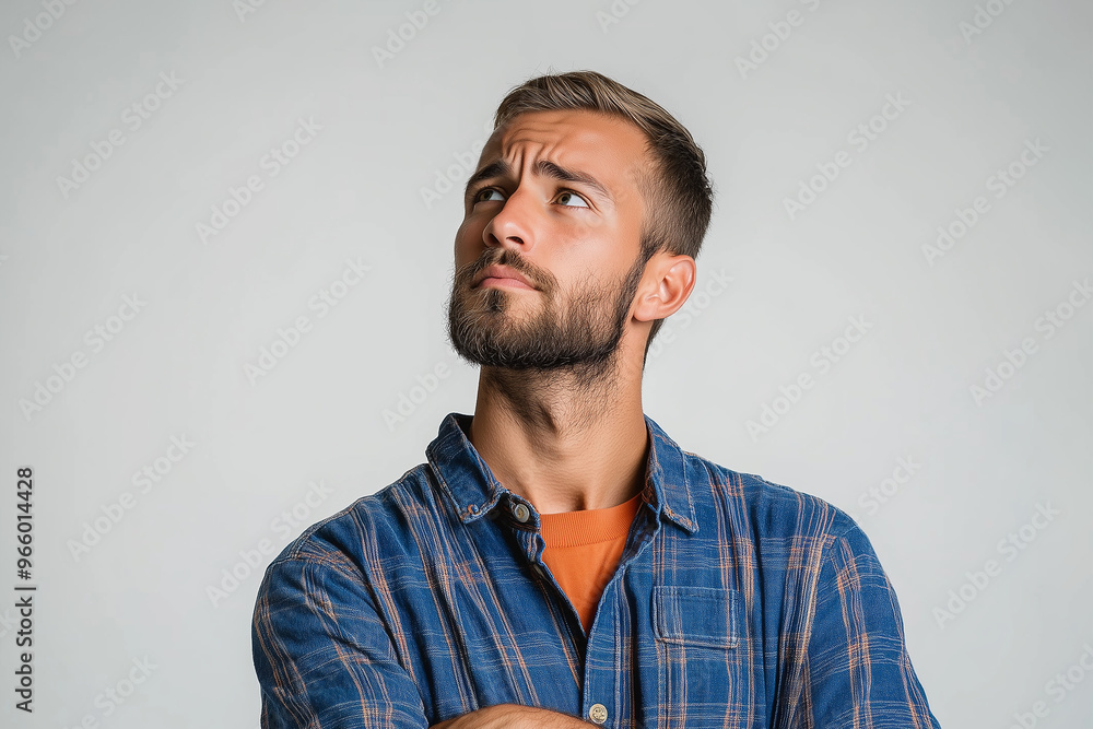 A portrait of a man or male thoughtfully pondering a problem against a soft light background. For question, teaser, and problem-solving concepts. A portrait of a man or male thoughtfully pondering a problem against a soft light background. For question, teaser, and problem-solving concepts.