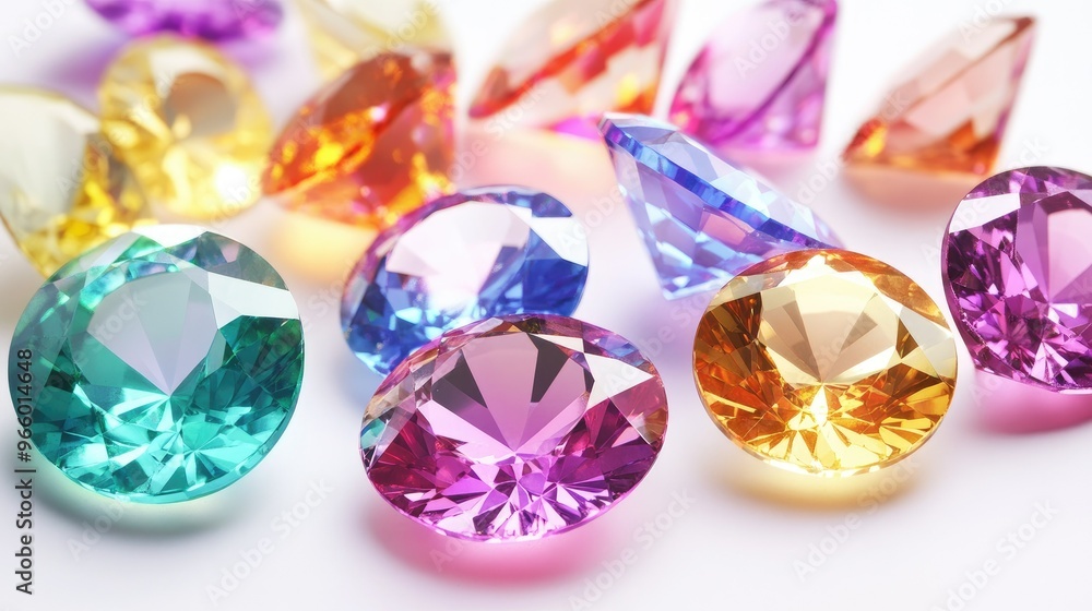 A spread of dazzling gemstones, each one glowing brightly, isolated on a white background. A spread of dazzling gemstones, each one glowing brightly, isolated on a white background.