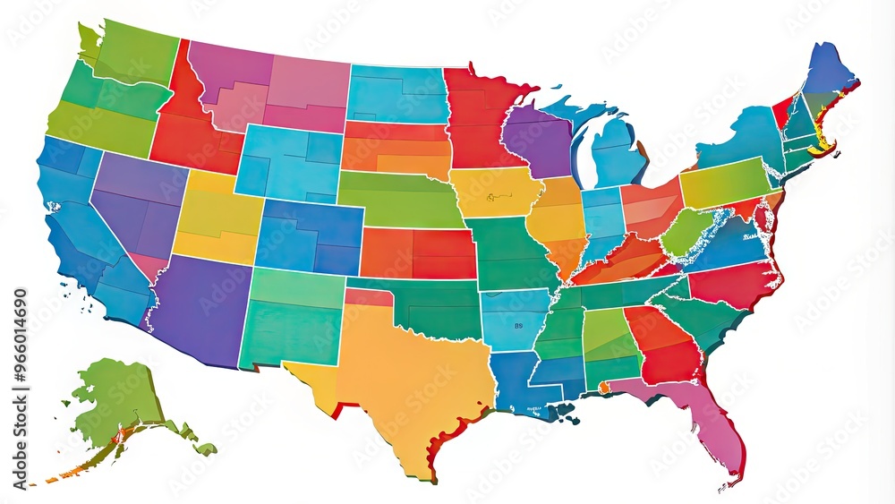 Obraz premium A detailed illustration of the United States map showcasing all 50 states with vibrant colors, labeled borders, and subtle shadow effects for a professional appearance.