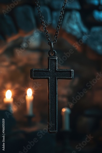 Dark Cross Pendant with Candles in Background