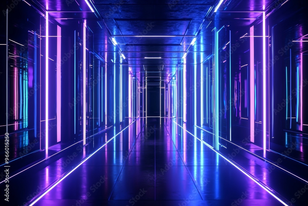 Fototapeta premium A stock illustration of a futuristic corridor with purple and blue neon lights in an abstract background