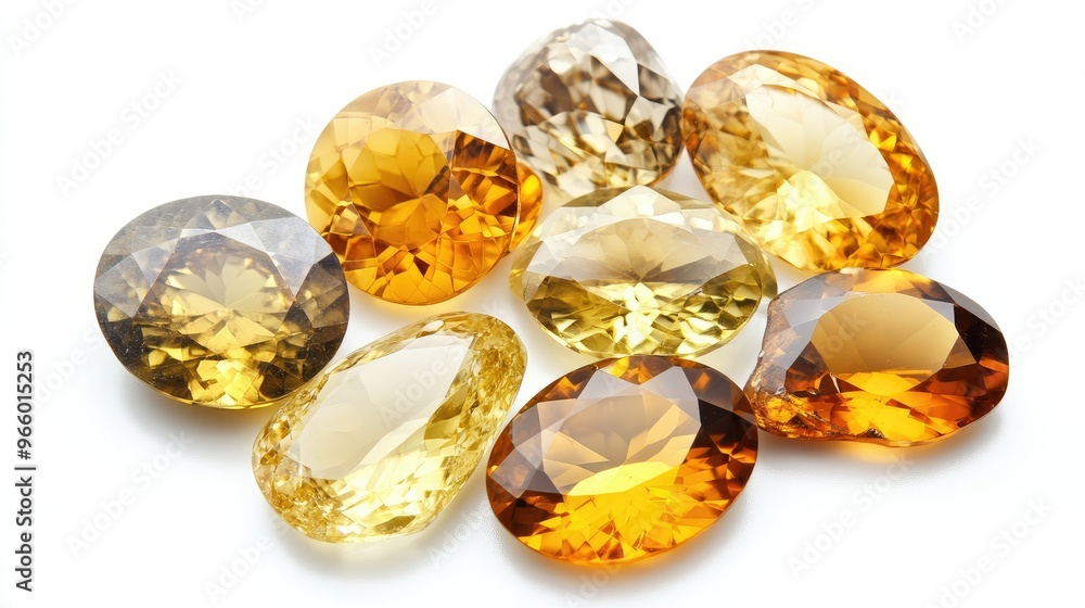 A variety of yellow sapphire gemstones, isolated on white, showing off their sparkling clarity. A variety of yellow sapphire gemstones, isolated on white, showing off their sparkling clarity.