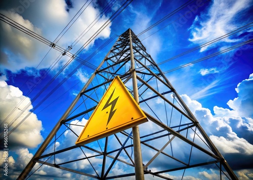 A dramatic shot of a bold, yellow warning symbol atop a high-voltage electrical tower, set against a bright blue sky with fluffy white clouds.