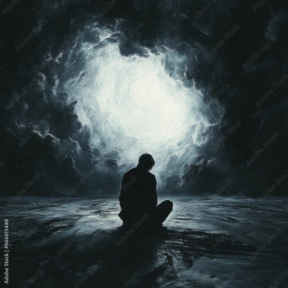 A solitary figure sits in reflection amidst a dramatic, dark landscape illuminated by a mystical light, evoking deep contemplation. A solitary figure sits in reflection amidst a dramatic, dark landscape illuminated by a mystical light, evoking deep contemplation.