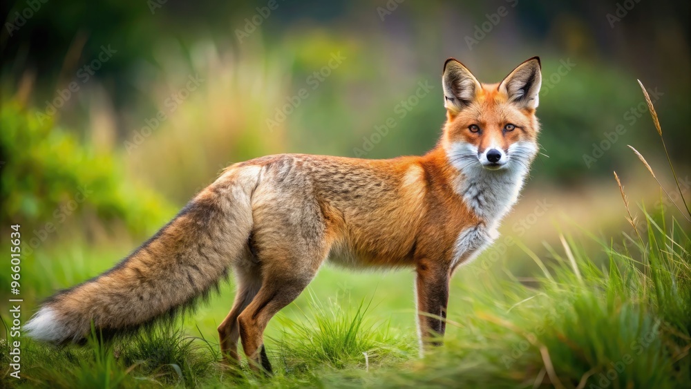 A Female Fox Stands In A Grassy Field, Its Bushy Tail Flowing Behind It. A Female Fox Stands In A Grassy Field, Its Bushy Tail Flowing Behind It.