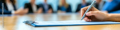 Executive Hand Writing Strategic Plan: Close-up of Pen on Document. Blue-Themed Corporate Meeting Background for Year-End Review. Professional Business Culture Concept for Marketing Campaigns and 4K W