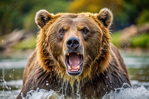 A Ferocious Grizzly Bear Charges Forward With Bared Teeth And Claws Extended, Its Fur Bristling In Rage. photo