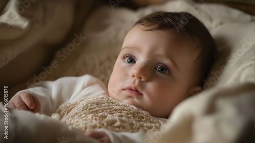 Newborn Baby Lying Calmy in a Cozy Crib, Gazing Intently, Perfect for Mother's Day Cards and Nursery Decor photo