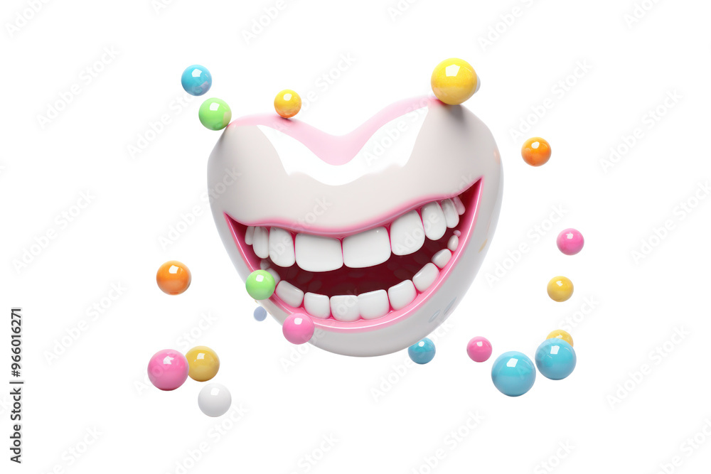 Obraz premium Cute 3D white teeth decorated with colorful polka dots and a mischievous smile, isolated on a white background.