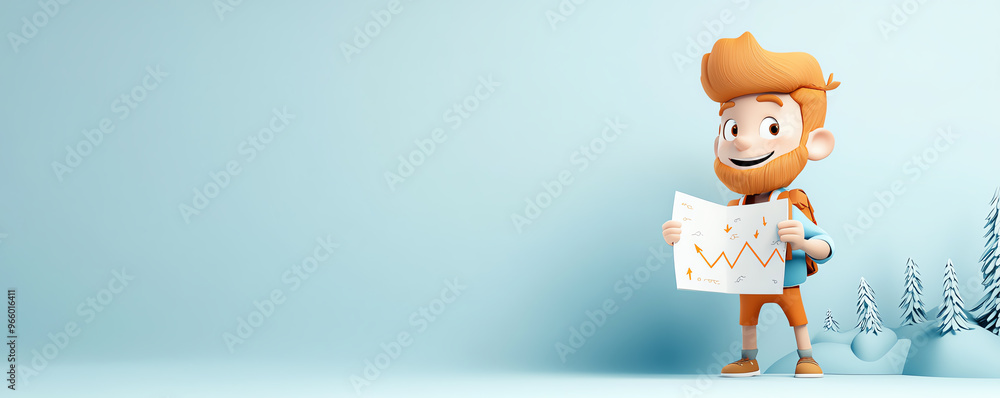 Cheerful boy exploring with a map, eager to discover new adventures in a vibrant, light blue environment. Cheerful boy exploring with a map, eager to discover new adventures in a vibrant, light blue environment.