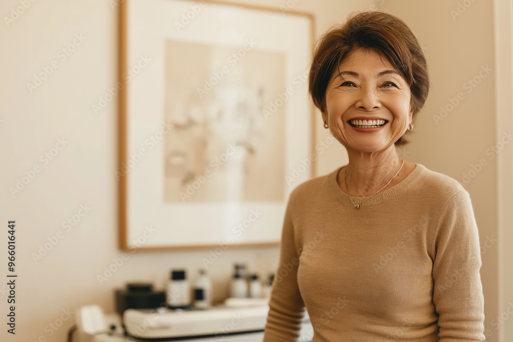 Confident, mature Asian woman with a radiant smile, showcasing her healthy, youthful skin while surrounded by skin care products in a relaxed, natural setting Confident, mature Asian woman with a radiant smile, showcasing her healthy, youthful skin while surrounded by skin care products in a relaxed, natural setting